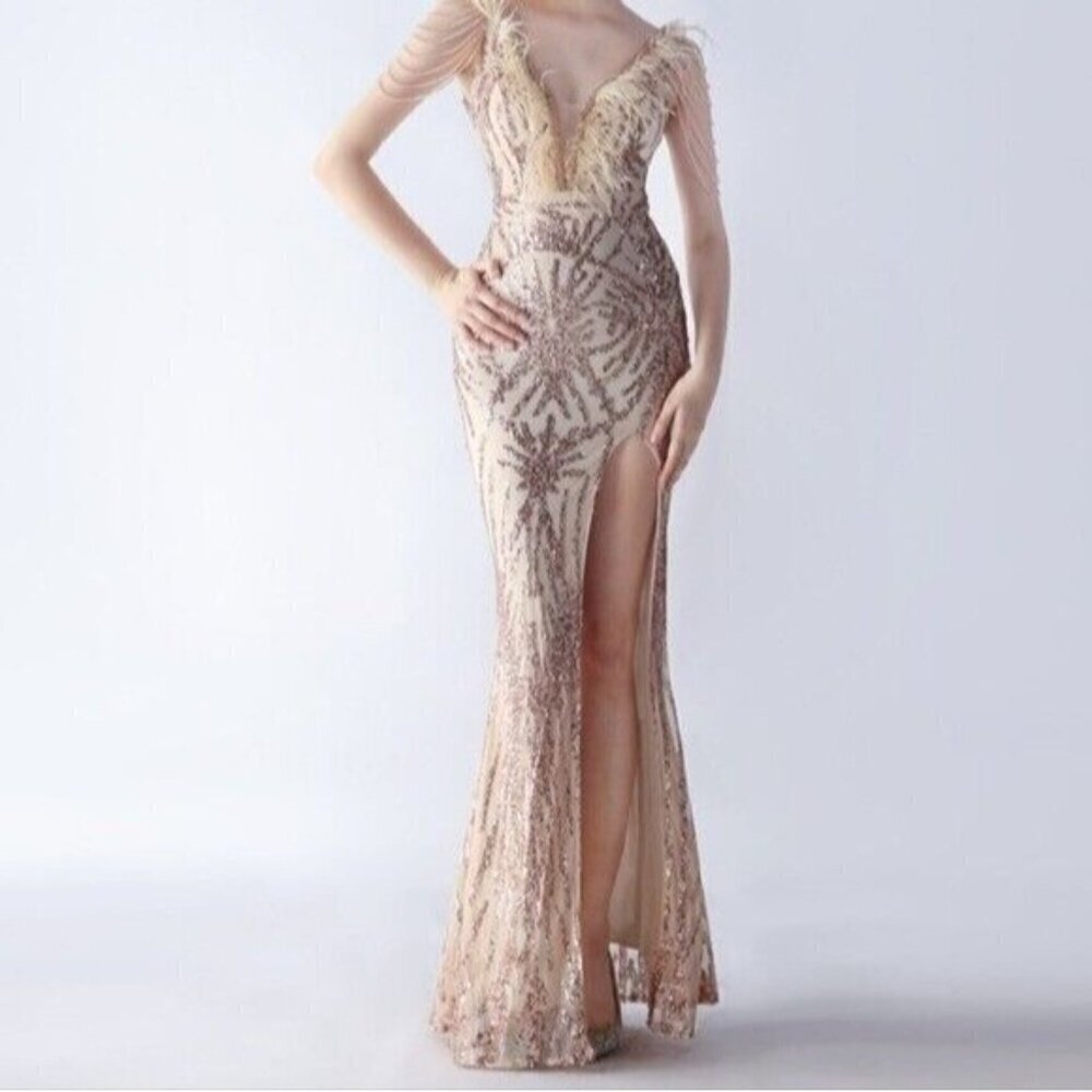 Gold, Geo Print, Ostrich Feather V Neck,  Beaded Sleeves,  Sequined Mermaid Gown
